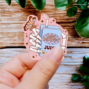 Anti-Anxiety Juice&quot; Sticker | Funny Mental Health Vinyl Decal | Self-Care Anxiety Relief Humor | Aesthetic Skeleton & Butterfly Sticker