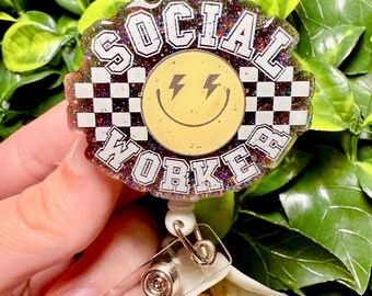 Social Worker Badge Reel: Glitter Smiley Face, Checkered ID Holder