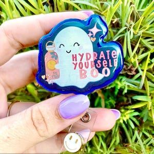 Drink Water Retractable Badge Reel - UV Resin Badge for Mental Health with Cute Ghost - Positive Badge Reel