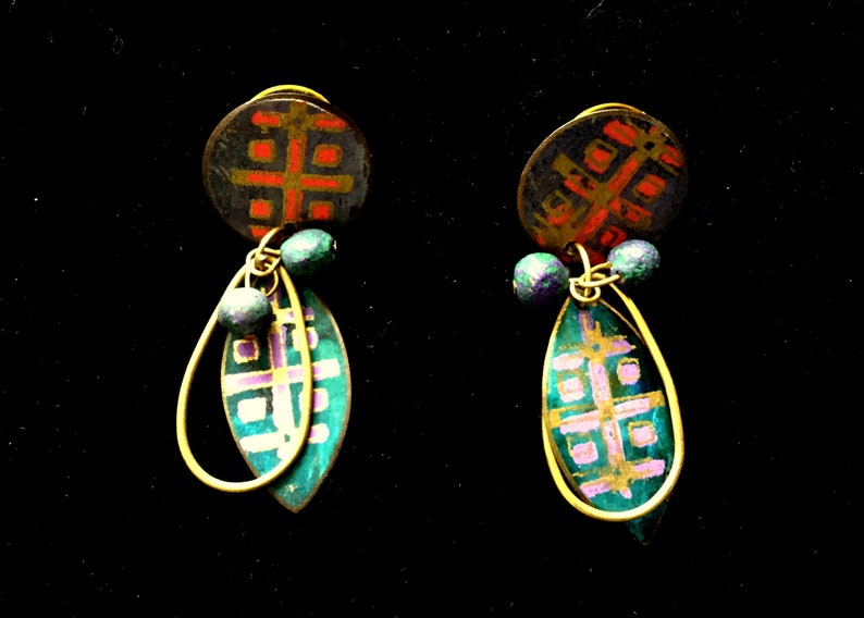 Boho Hippie Asian Indian hand painted brass chain necklace earrings set image 3