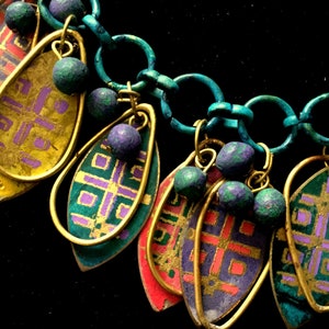 Boho Hippie Asian Indian hand painted brass chain necklace earrings set image 2