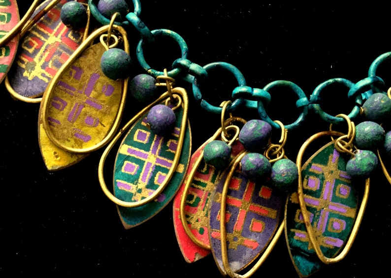Boho Hippie Asian Indian hand painted brass chain necklace earrings set image 2