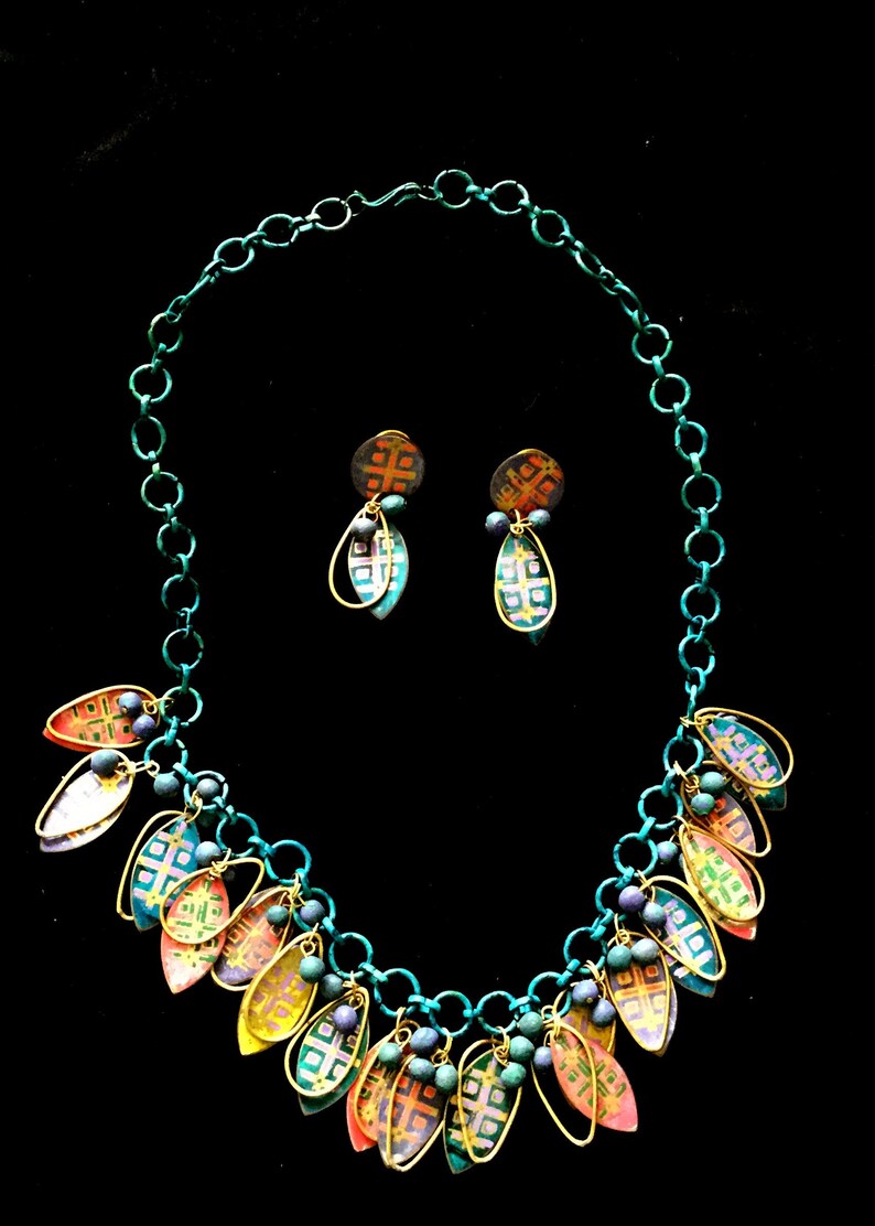 Boho Hippie Asian Indian hand painted brass chain necklace earrings set image 1