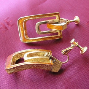 Mid century DG goldtone and orange enameled drop earrings image 2