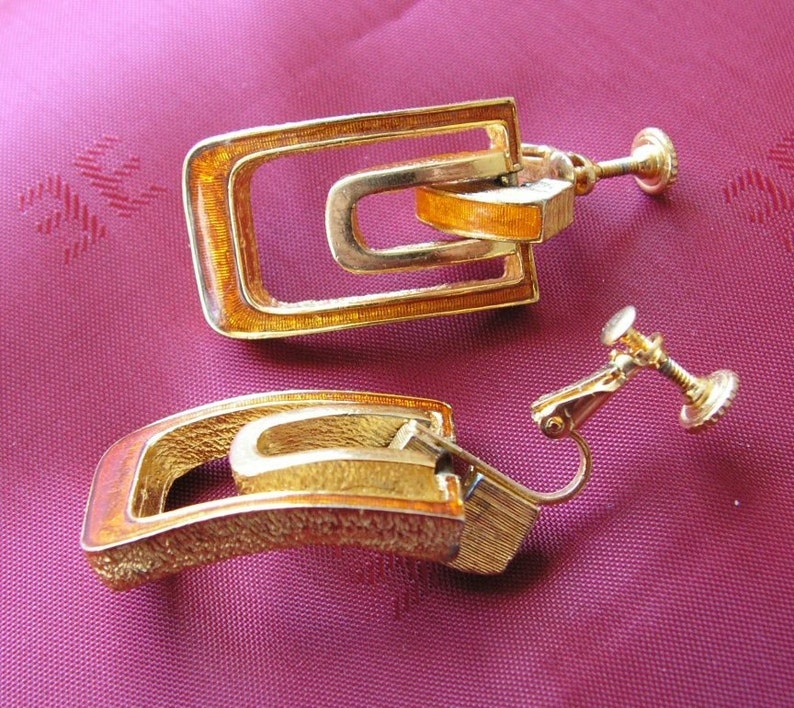 Mid century DG goldtone and orange enameled drop earrings image 2