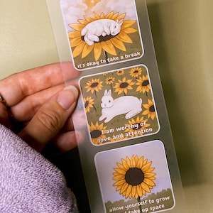 Adorable feuille d'autocollants lapin, lapin blanc aux yeux rouges et tournesols, cadeau pour les amoureux des lapins