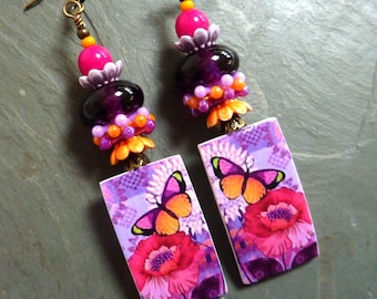 Butterflies on Purple Earrings, Fuchsia Flowers, Colorful Earrings, Butterfly Earrings, Spring, Vibrant, Handmade Earrings, Gift for Her