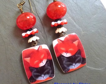 Sleeping Cats Earrings, Red & Black, Feline, Kitty, I Love my Cats, Handmade Earrings Cat Earrings