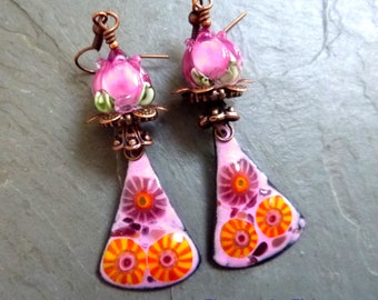 Pink Rose Orange Flowers Earrings, Drop Dangle, Rose Buds, Copper, Handmade  Floral