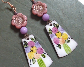 Pink Flower Floral Drops,  Long Dangle, Pink Flower Earrings, Handmade  3 1/2 inches long  Spring Summer