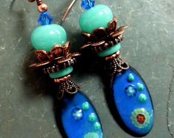 Blue & Aqua Drops, Handmade Earrings, Lampwork, Copper, Aqua Earrings