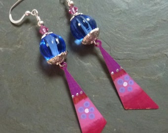 Blue Ripples & Pink Drops Earrings, Handmade Earrings, Lightweight, Sterling Silver earwires