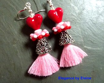 Red Hearts Pink Tassels, Valentine Earrings, Gift for Her, Heart Earrings, Handmade Earrings