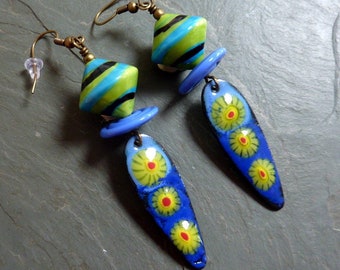 Lime & Blue Dangles, Handmade Earrings, Long Dangle, Brass Earwires, Colorful Earrings