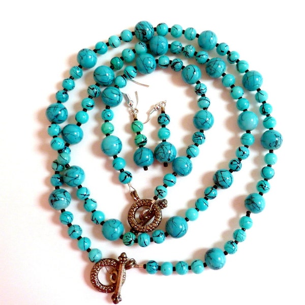 Turquoise Glass Necklace, Turquoise Glass Beaded Bracelet, Earrings, Aqua with Black Swirls Beaded Set