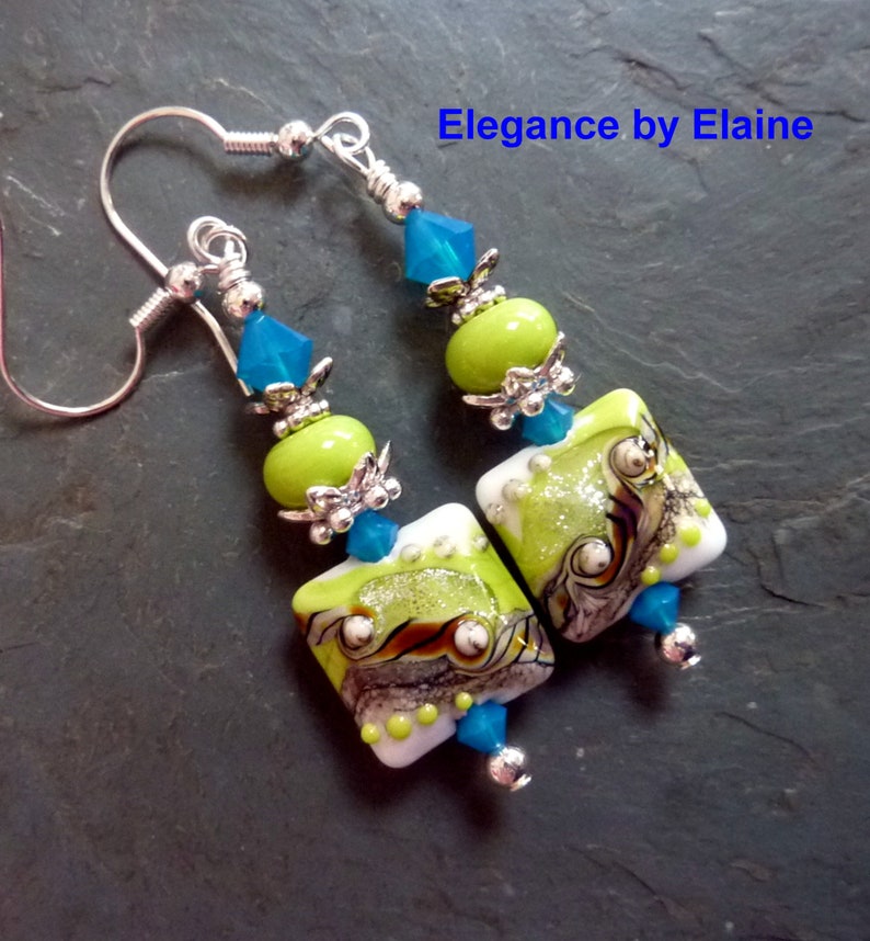 Lime Blue Earrings, Handmade Earrings, Lime, Sterling Earwires, Measure 2 1/2 from top of earwires image 1