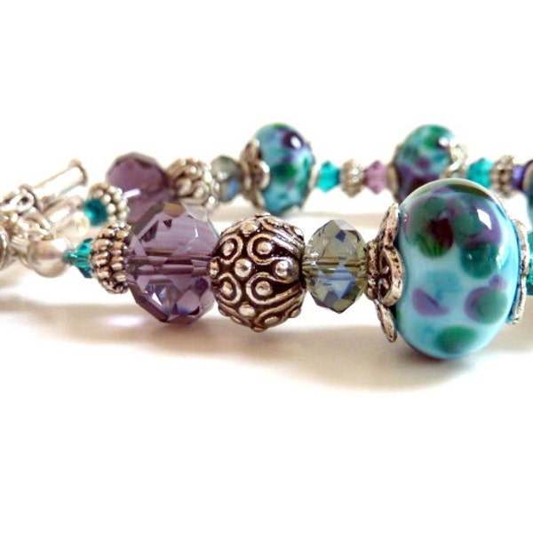 Aqua Spotted Lampwork Bracelet, Blue Purple Lavender Green Teal Zircon Glass Beaded Bracelet, Handmade Lampwork Beads, Colorful