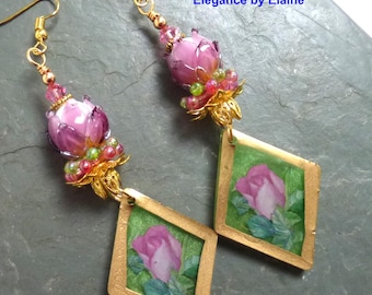Rose Earrings,   Handmade Glass, Floral, Flowers, Handmade Resin drops