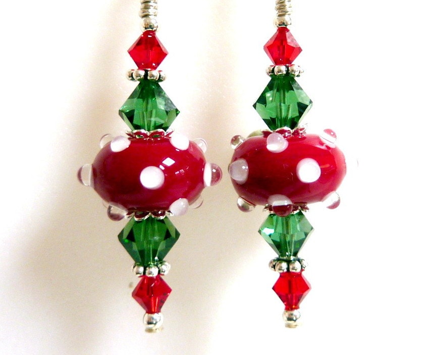 Christmas Earrings Holiday Earrings Red White Green Lampwork Etsy
