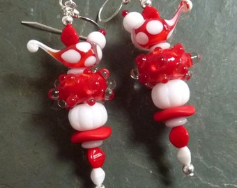 Red White Polka Dot Birds, Handmade Earrings, Red and White Lampwork, Fun Earrings