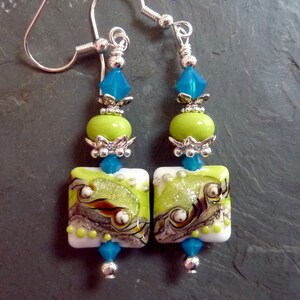 Lime Blue Earrings, Handmade Earrings, Lime, Sterling Earwires, Measure 2 1/2 from top of earwires image 2