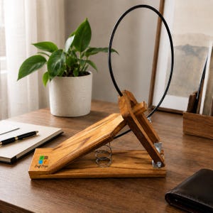 Puede incluir: Un atril de madera con base inclinada, mecanismo de resorte y un marco circular de alambre negro. La madera presenta una veta natural y la base está marcada con un logotipo cuadrado de colores y el texto Craft Coope en letras negras.