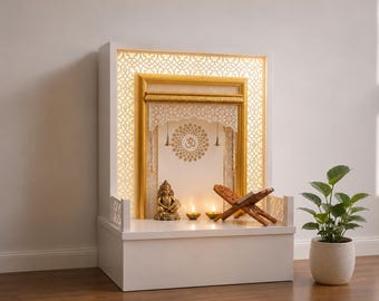 Wall Mounted Pooja Mandir, White Gold Wooden Temple, LED Prayer Shelf, Apartment Decor  | Free Wooden Book Stand