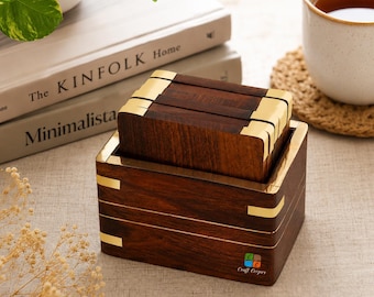 Handmade Wooden Coaster Set with Holder | Luxury Wooden Drink Coasters | Brass Inlay Tea & Coffee Coasters | Housewarming Gift