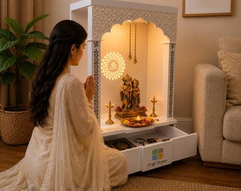 May include: A white wooden home temple featuring intricate cut-out patterns, an illuminated Om symbol, and two brass bells. Inside, a golden statue of Radha Krishna sits on a platform with two brass oil lamps and a tray of flowers and a lit diya.