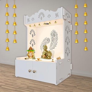 Pooja Mandir de madeira branca artesanal com armazenamento e LED