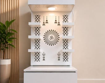 Mandir Pooja de madera blanca con LED y almacenamiento