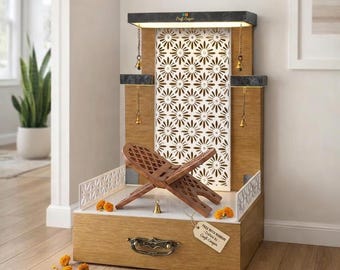 Modern White Gold Wooden Pooja Mandir | LED Light, Storage Drawer, Wall Mounted Temple | Free Wooden Book Stand