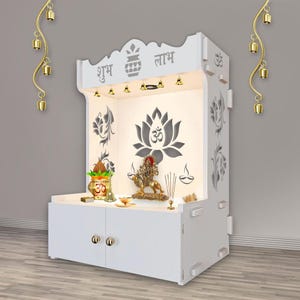 Handcrafted White Wooden Pooja Mandir - Om Lotus Design with LED & Storage