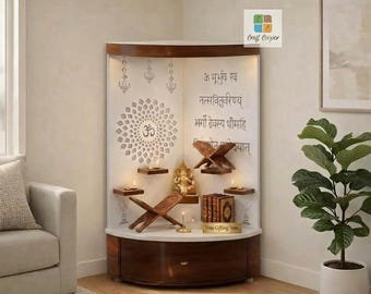 Wooden Pooja Mandir with LED, Drawer, Wall Mounted Temple, Hindu Home Decor USA  | Free Wooden Book Stand