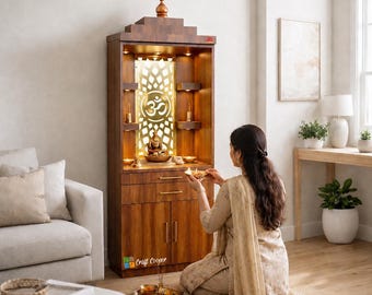 Wooden Pooja Mandir with LED Light & Storage | Modern Home Temple Cabinet