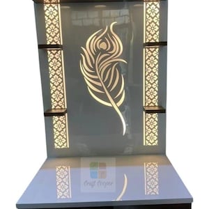 LED Wooden Pooja Temple: White & Brown Mandir with Storage