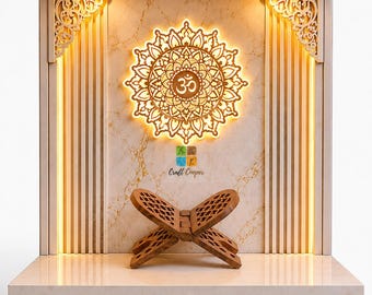 Houten poojamandir met ledverlichting, om-design gebedseenheid | Gratis houten boekenstandaard
