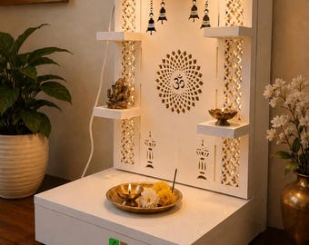 White MDF Pooja Mandir with LED Light, Storage, Wall Mounted Temple Shelf | Free Wooden Book Stand