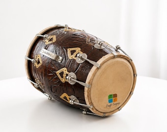 Handcrafted Wooden Dholak Drum | Bolt Tuned Indian Folk Percussion Instrument | Carved Mango Wood for Bhajan, Kirtan & Music Lovers