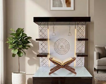 LED Wooden Pooja Temple: White & Brown Mandir with Storage | Free Wooden Book Stand