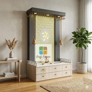 Schwarz Gold Pooja Mandir mit LED-Licht, an der Wand montiert Hindu Tempel Schublade