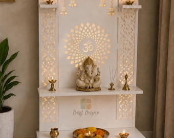 Modern White LED Mandir, Wall Mount Pooja Temple with Drawer, Hindu Shrine Home Decor | Free Wooden Book Stand