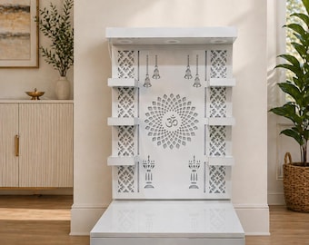 Świątynia LED Mandir do montażu na ścianie w domu, biała świątynia Pooja z szufladą, nowoczesna hinduska świątynia, jednostka modlitewna ze światłem, dekoracja świątyni z płyty MDF
