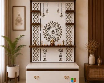 May include: A wall-mounted wooden home temple unit featuring a white back panel with intricate laser-cut floral patterns, an Om symbol, and hanging bell motifs. It includes dark wood shelves, a central platform for idols, and a white storage drawer base.
