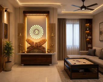 Wooden Pooja Mandir with LED Om Decor, Wall Mounted Modern Prayer Unit | Free Wooden Book Stand