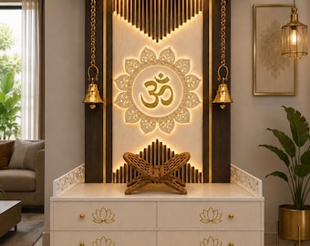 Wooden Pooja Mandir with LED Lights, Om Design Prayer Unit | Free Wooden Book Stand