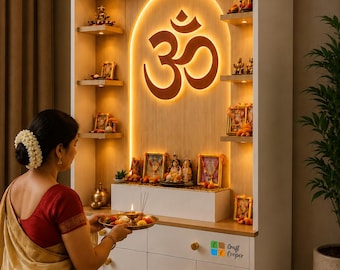 Wooden White Pooja Mandir with LED, Drawer, Wall Mounted Temple, Hindu Home Decor USA  | Free Wooden Book Stand