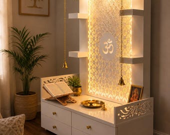 White Wooden Pooja Mandir with LED & Storage  | Free Wooden Book Stand