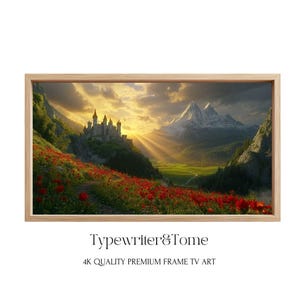 Fantasy Castle Spring Landscape Frame TV Art Instant Digital Download Sezonowy wystrój domu Miłośnik książek Urok książkowy Magiczne królestwo Wschód słońca