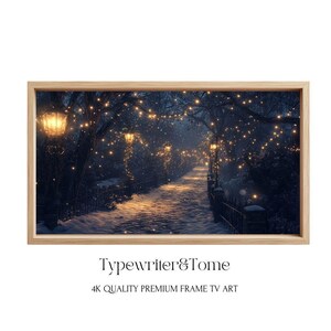 May include: A snowy path lined with trees and glowing string lights. The path is illuminated by street lamps and leads to a foggy, mysterious destination.